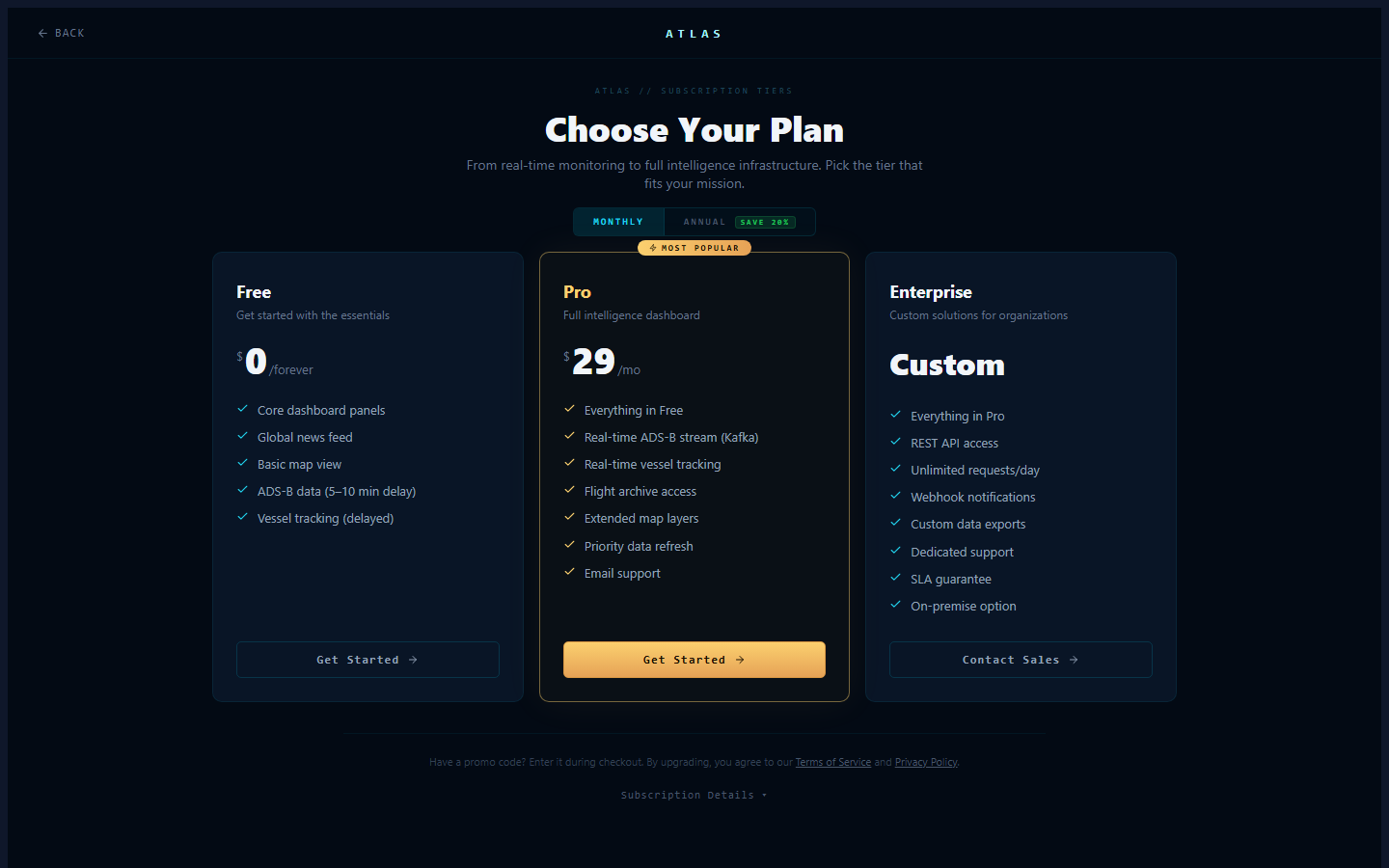 Atlas pricing page