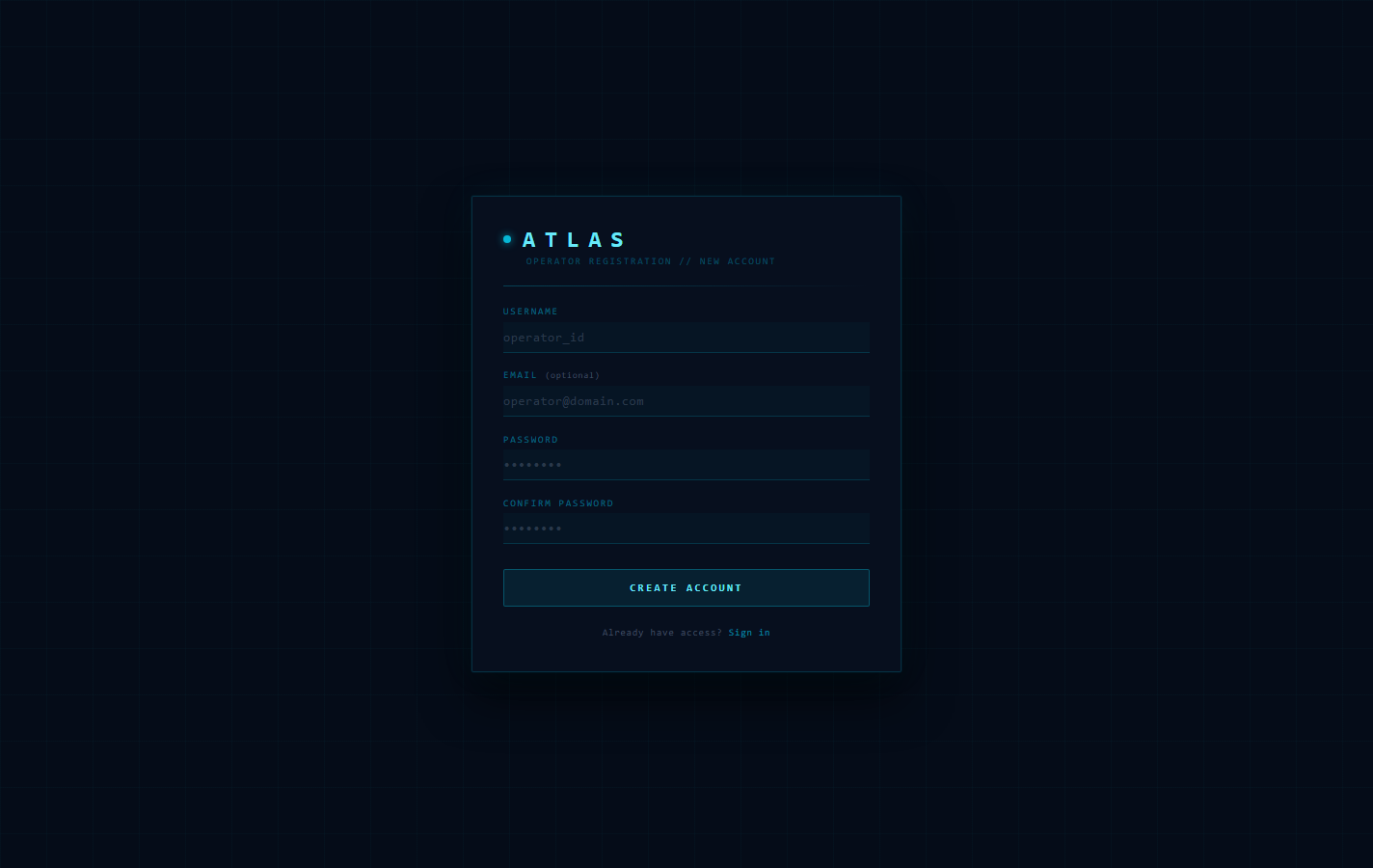 Atlas register screen